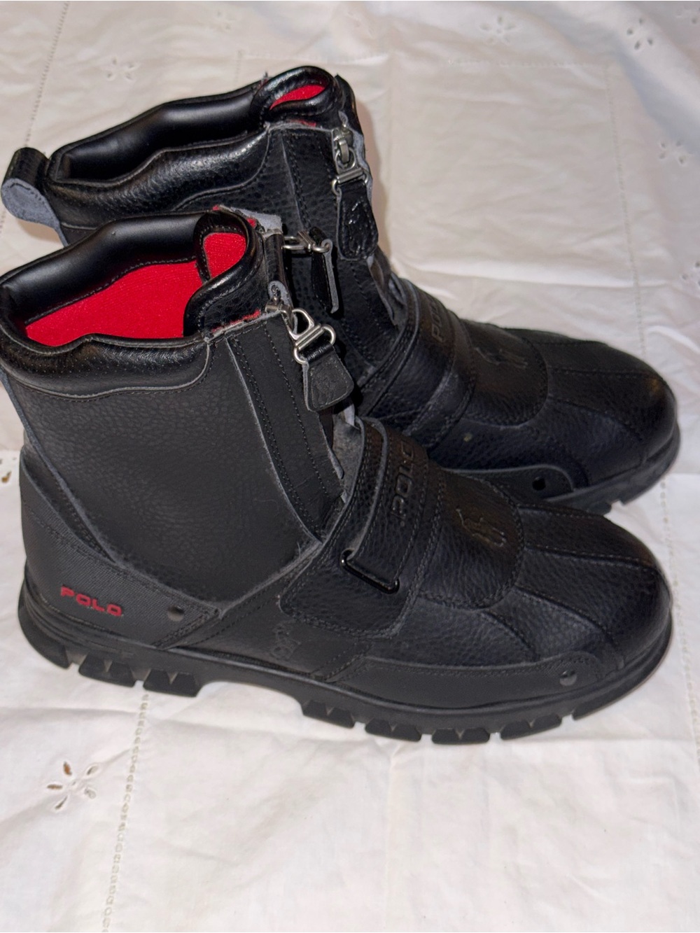 Ralph Lauren Black Leather Zip-Up Ankle Boots with Red Lining